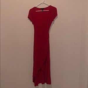 red dress, short sleeve, waste sash, slip, v neck